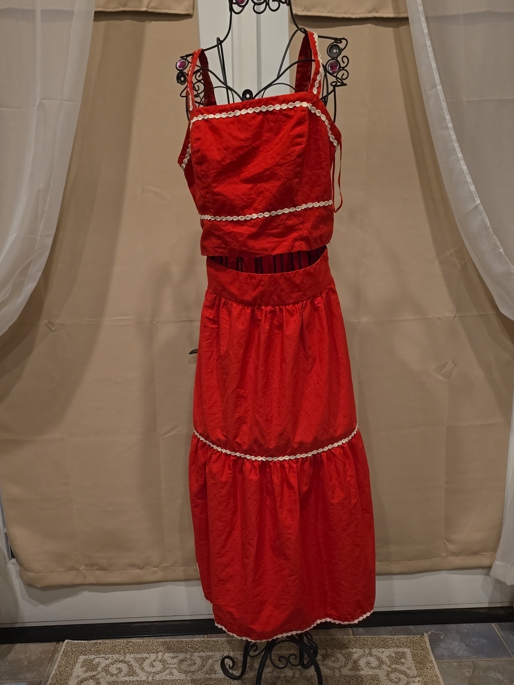 Red Two-Piece Maxi Dress with Lace Trim
